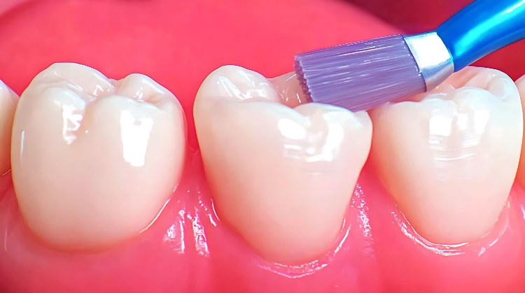 Close-up of a dental sealant being applied to molar teeth with a small brush, providing cavity protection and enamel strengthening.