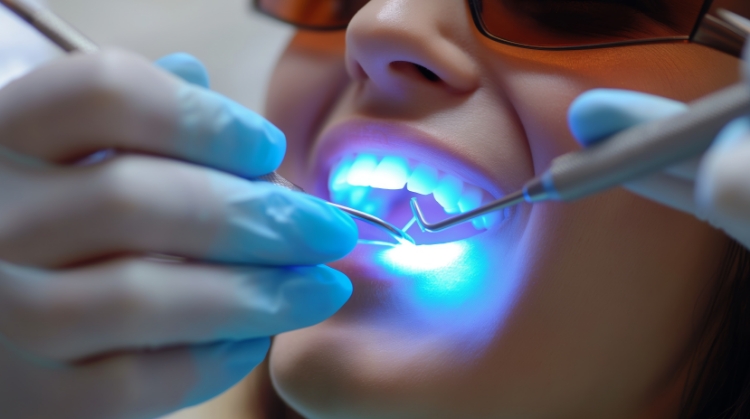 Patient receiving cosmetic dental treatment with curing light at Vistoso Dental Partners in Oro Valley, AZ.