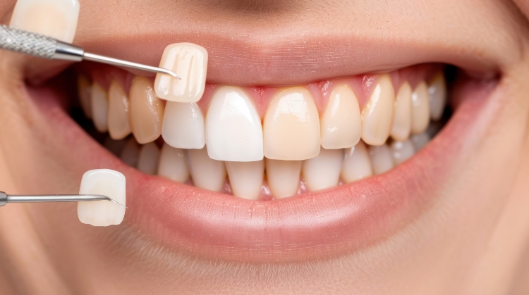 Close-up of a patient’s smile during a veneer fitting, showing color comparison tools against natural teeth at Vistoso Dental Partners in Oro Valley, AZ.