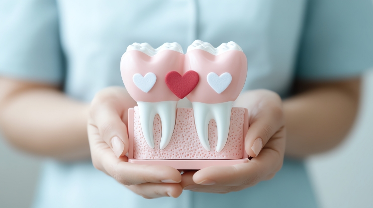 Model of two healthy teeth with hearts symbolizing the link between oral health and heart disease, held by a dental professional at Vistoso Dental Partners in Oro Valley, AZ